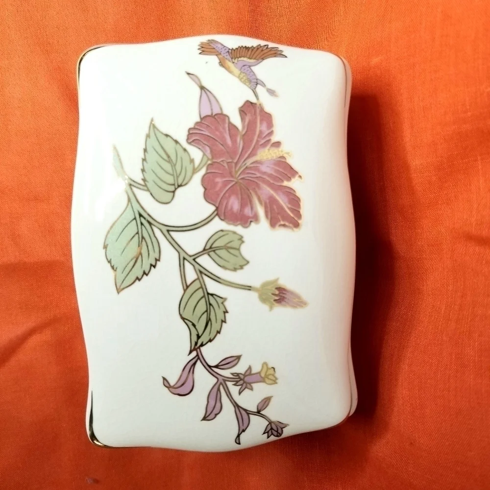 Vintage Colibri Porcelain White Floral Trinket Box, Jewelry Organization Box
